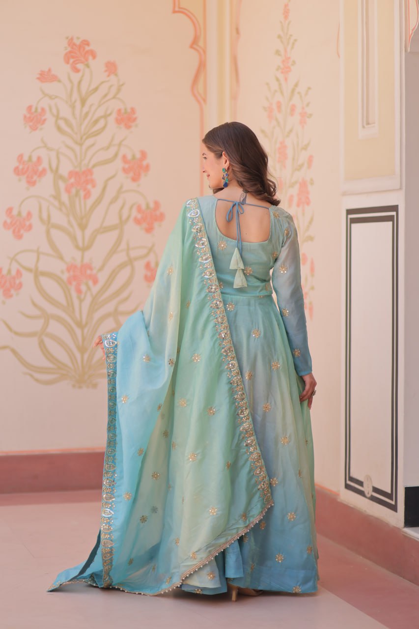 Sky Blue Pedding Gold Organza Embroidered Gown with Dupatta Umbrella Flair & Sequin Zari Work