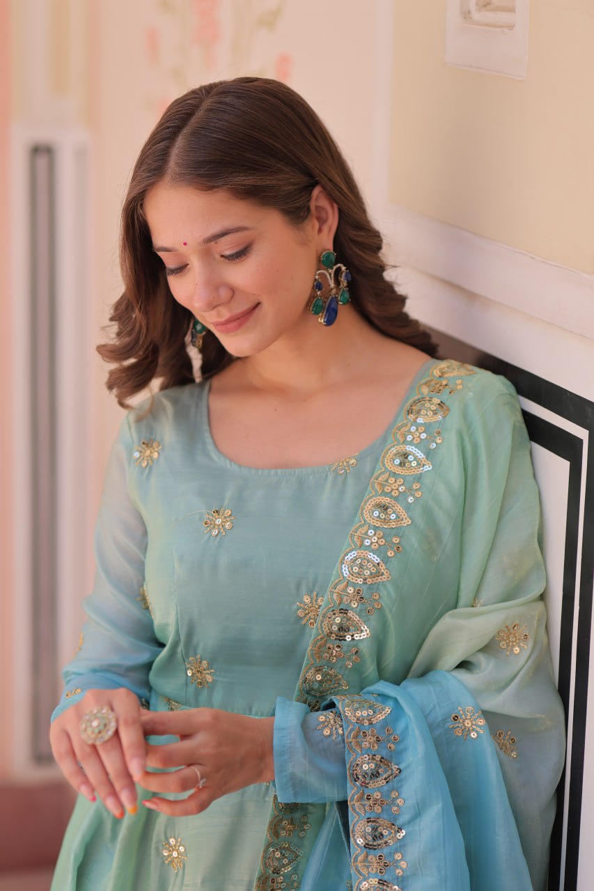 Sky Blue Pedding Gold Organza Embroidered Gown with Dupatta Umbrella Flair & Sequin Zari Work