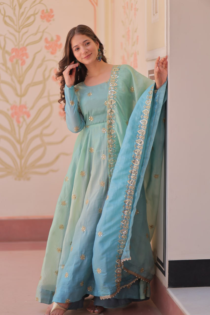 Sky Blue Pedding Gold Organza Embroidered Gown with Dupatta Umbrella Flair & Sequin Zari Work