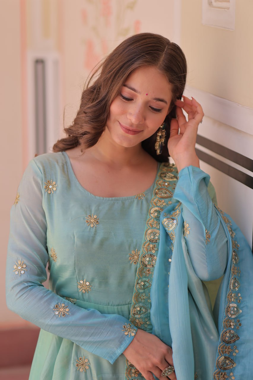 Sky Blue Pedding Gold Organza Embroidered Gown with Dupatta Umbrella Flair & Sequin Zari Work