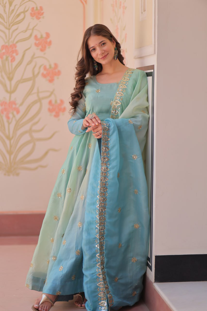 Sky Blue Pedding Gold Organza Embroidered Gown with Dupatta Umbrella Flair & Sequin Zari Work