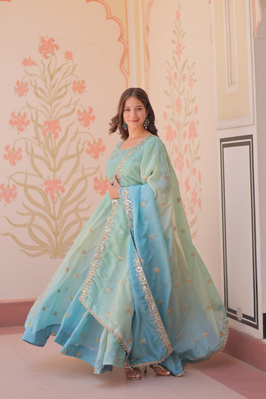 Sky Blue Pedding Gold Organza Embroidered Gown with Dupatta Umbrella Flair & Sequin Zari Work