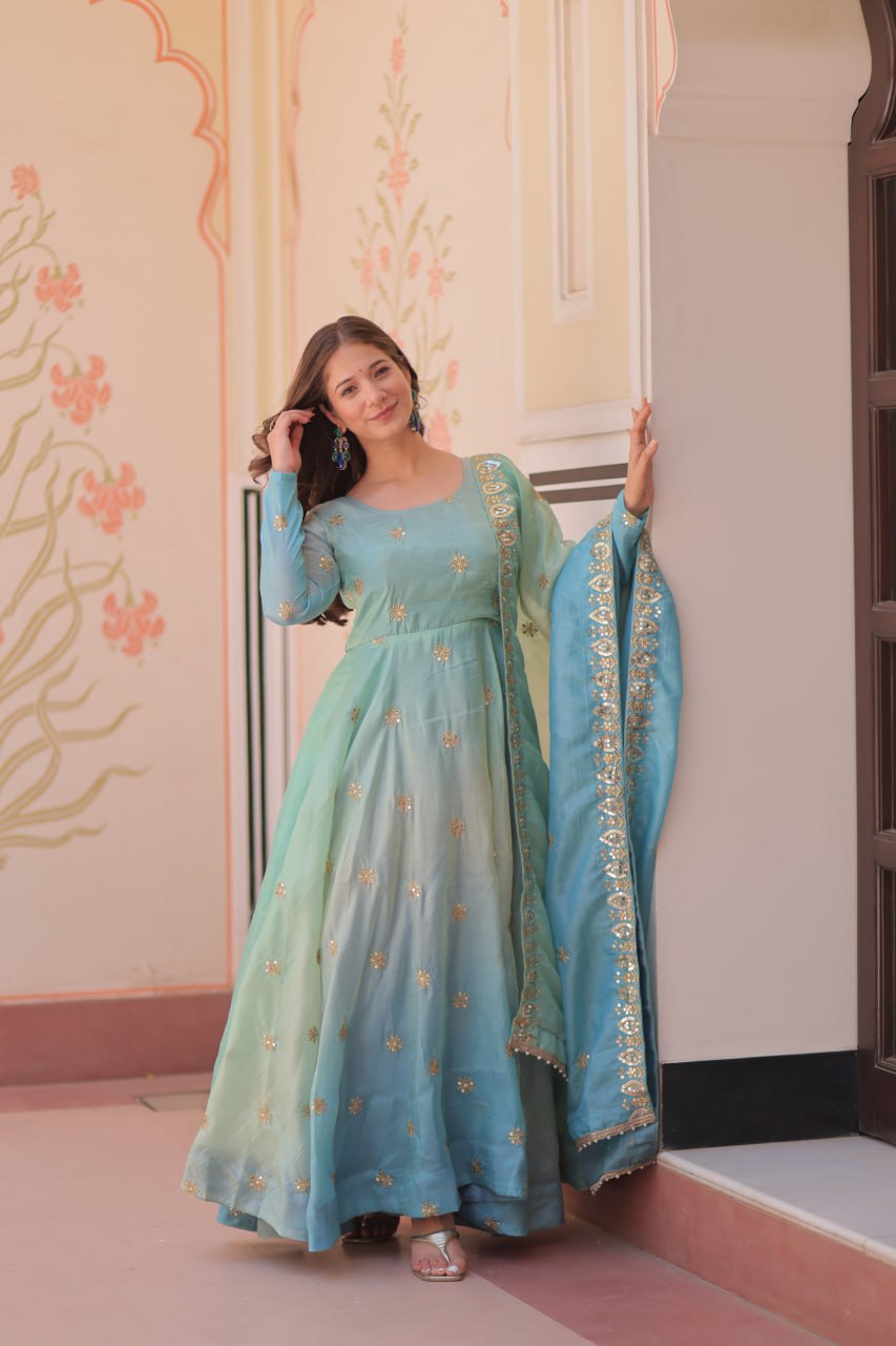 Sky Blue Pedding Gold Organza Embroidered Gown with Dupatta Umbrella Flair & Sequin Zari Work