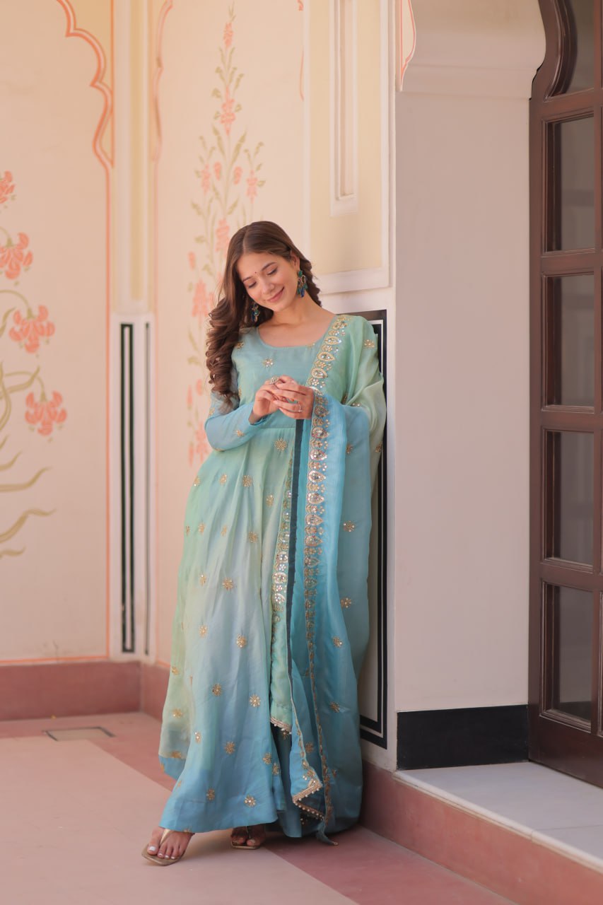 Sky Blue Pedding Gold Organza Embroidered Gown with Dupatta Umbrella Flair & Sequin Zari Work