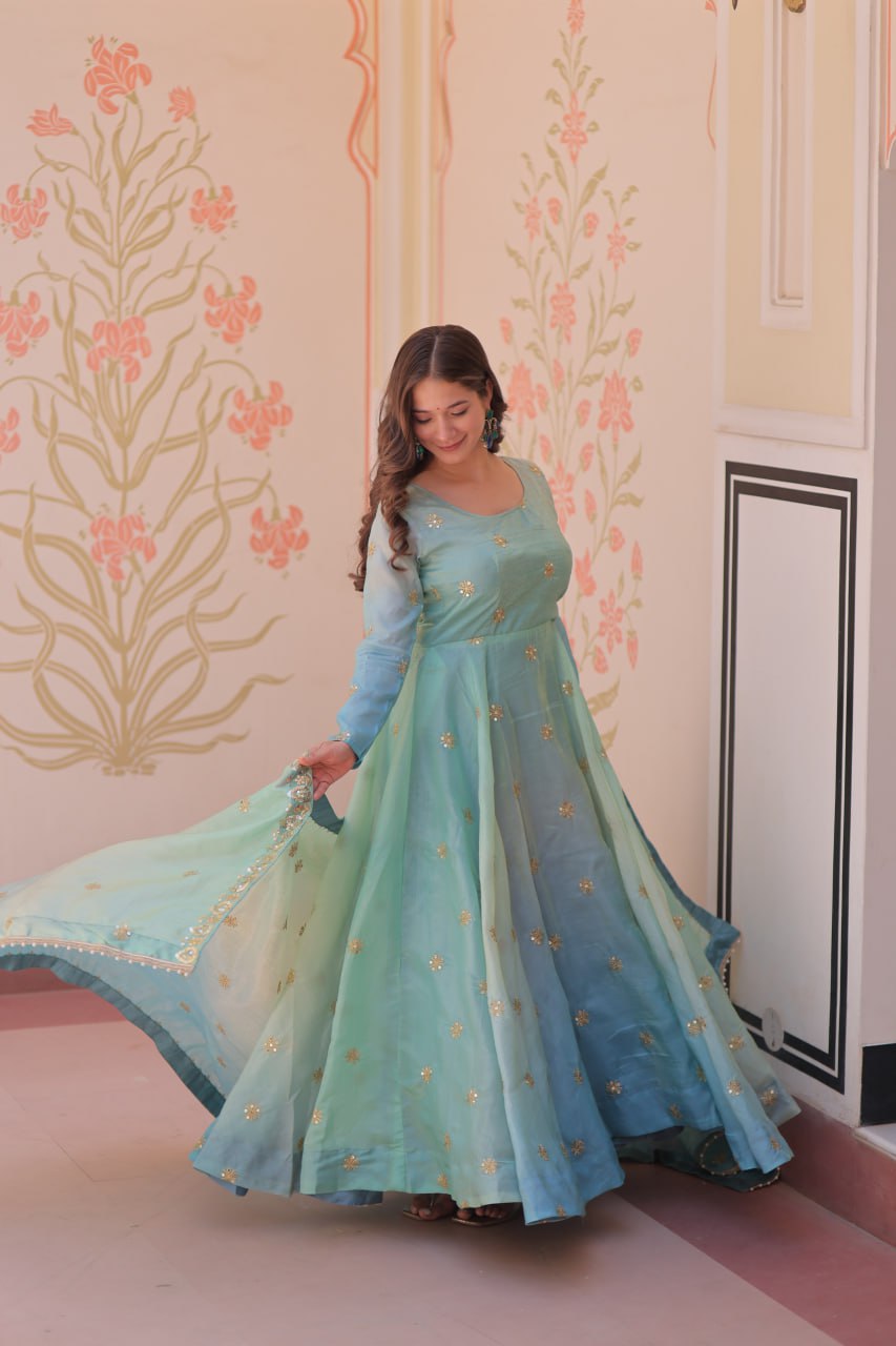 Sky Blue Pedding Gold Organza Embroidered Gown with Dupatta Umbrella Flair & Sequin Zari Work