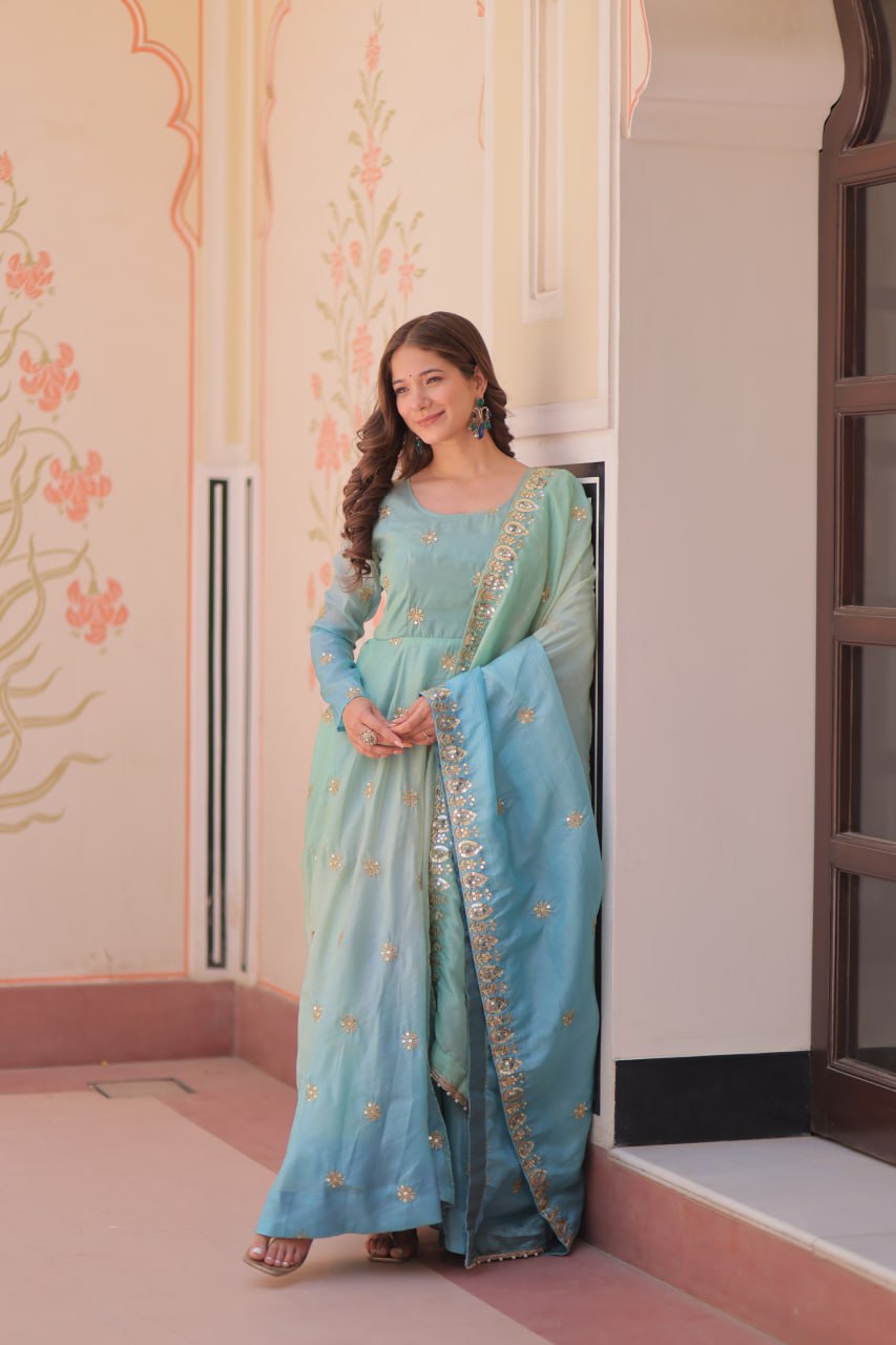 Sky Blue Pedding Gold Organza Embroidered Gown with Dupatta Umbrella Flair & Sequin Zari Work