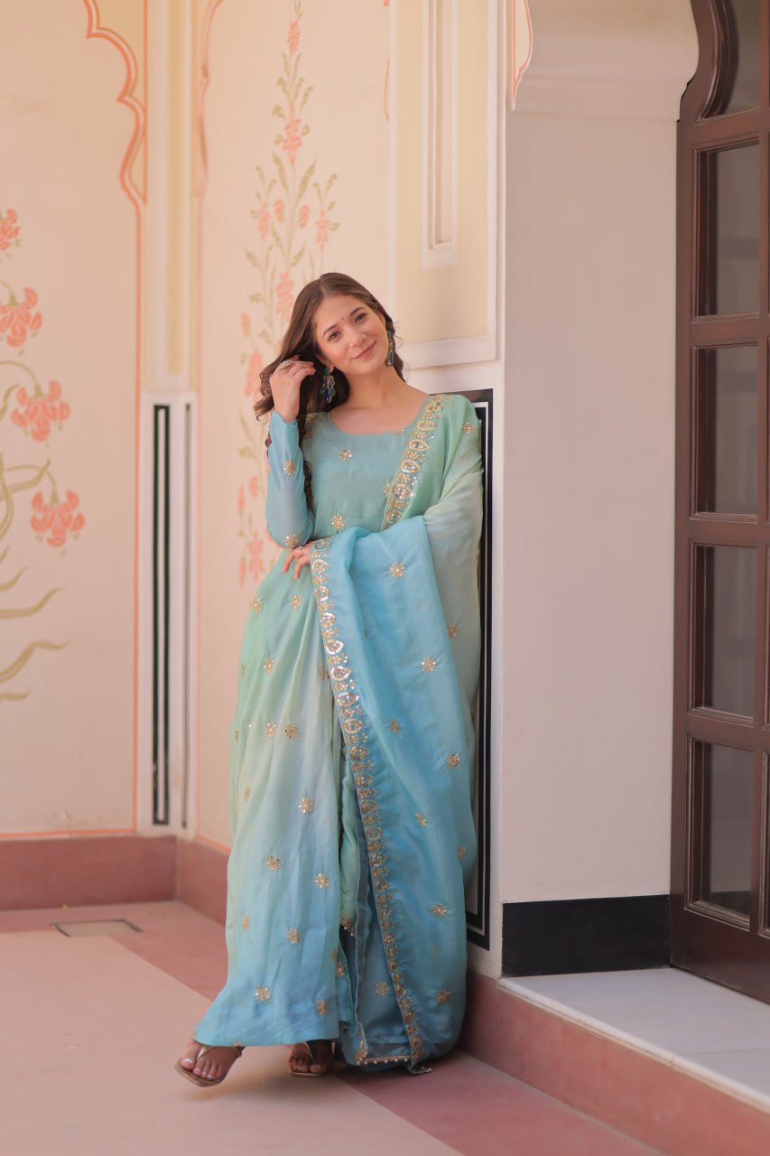 Sky Blue Pedding Gold Organza Embroidered Gown with Dupatta Umbrella Flair & Sequin Zari Work