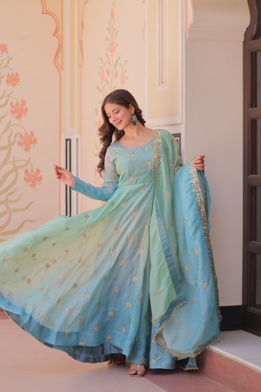 Sky Blue Pedding Gold Organza Embroidered Gown with Dupatta Umbrella Flair & Sequin Zari Work