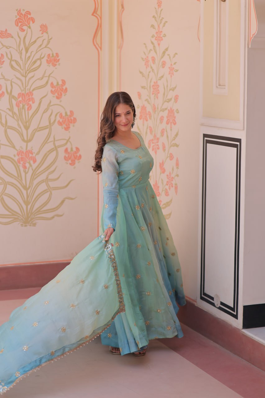 Sky Blue Pedding Gold Organza Embroidered Gown with Dupatta Umbrella Flair & Sequin Zari Work