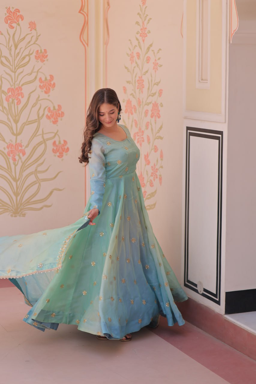 Sky Blue Pedding Gold Organza Embroidered Gown with Dupatta Umbrella Flair & Sequin Zari Work