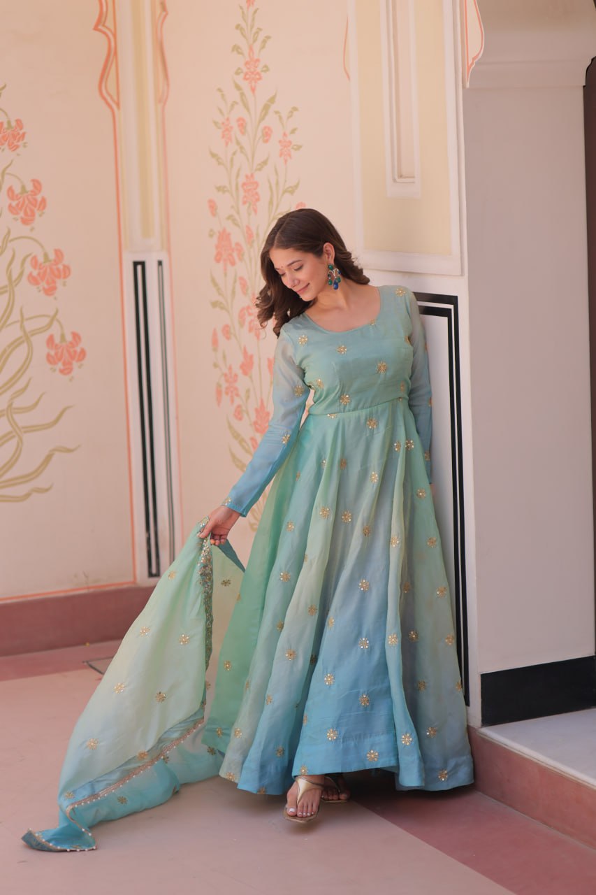 Sky Blue Pedding Gold Organza Embroidered Gown with Dupatta Umbrella Flair & Sequin Zari Work