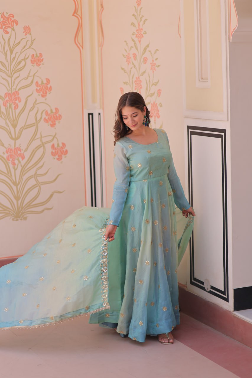 Sky Blue Pedding Gold Organza Embroidered Gown with Dupatta Umbrella Flair & Sequin Zari Work