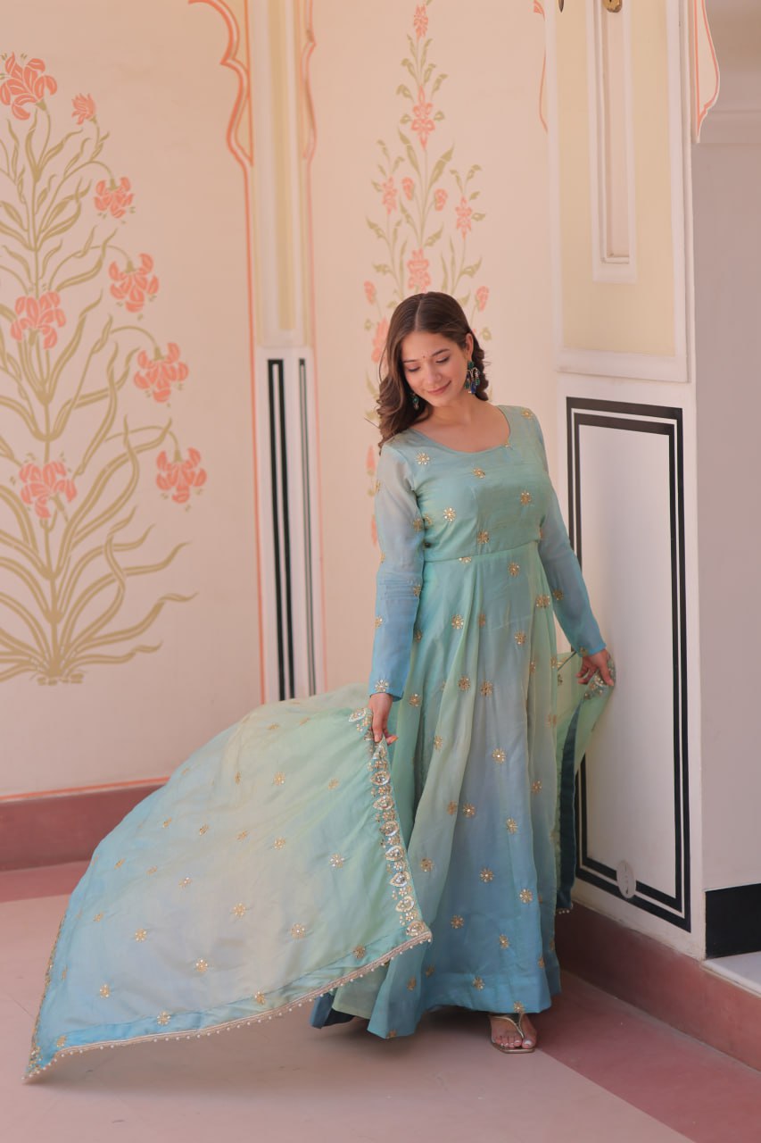 Sky Blue Pedding Gold Organza Embroidered Gown with Dupatta Umbrella Flair & Sequin Zari Work