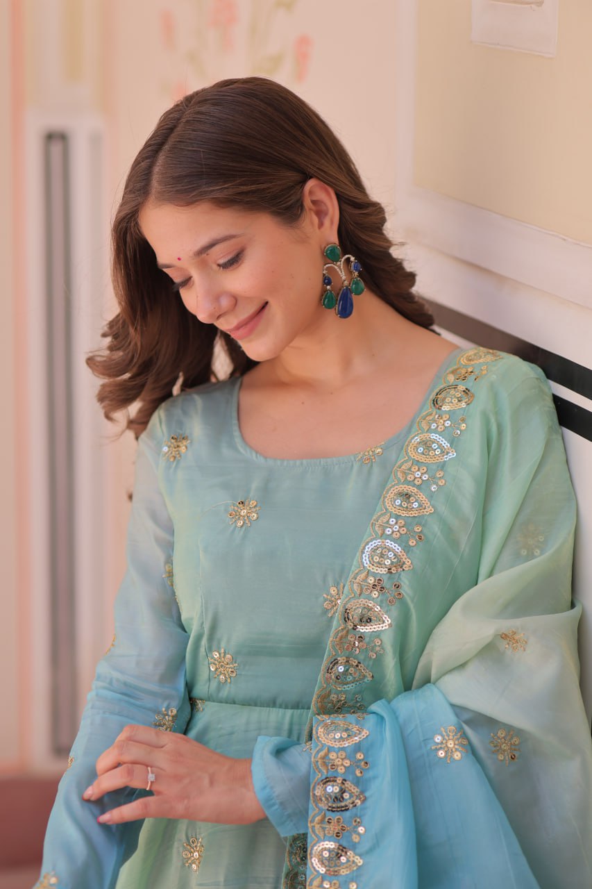 Sky Blue Pedding Gold Organza Embroidered Gown with Dupatta Umbrella Flair & Sequin Zari Work