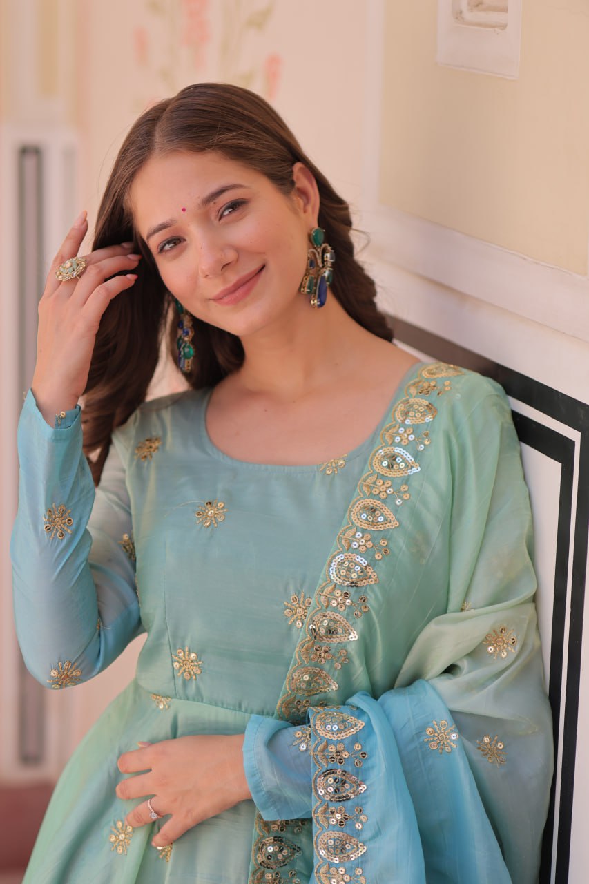 Sky Blue Pedding Gold Organza Embroidered Gown with Dupatta Umbrella Flair & Sequin Zari Work