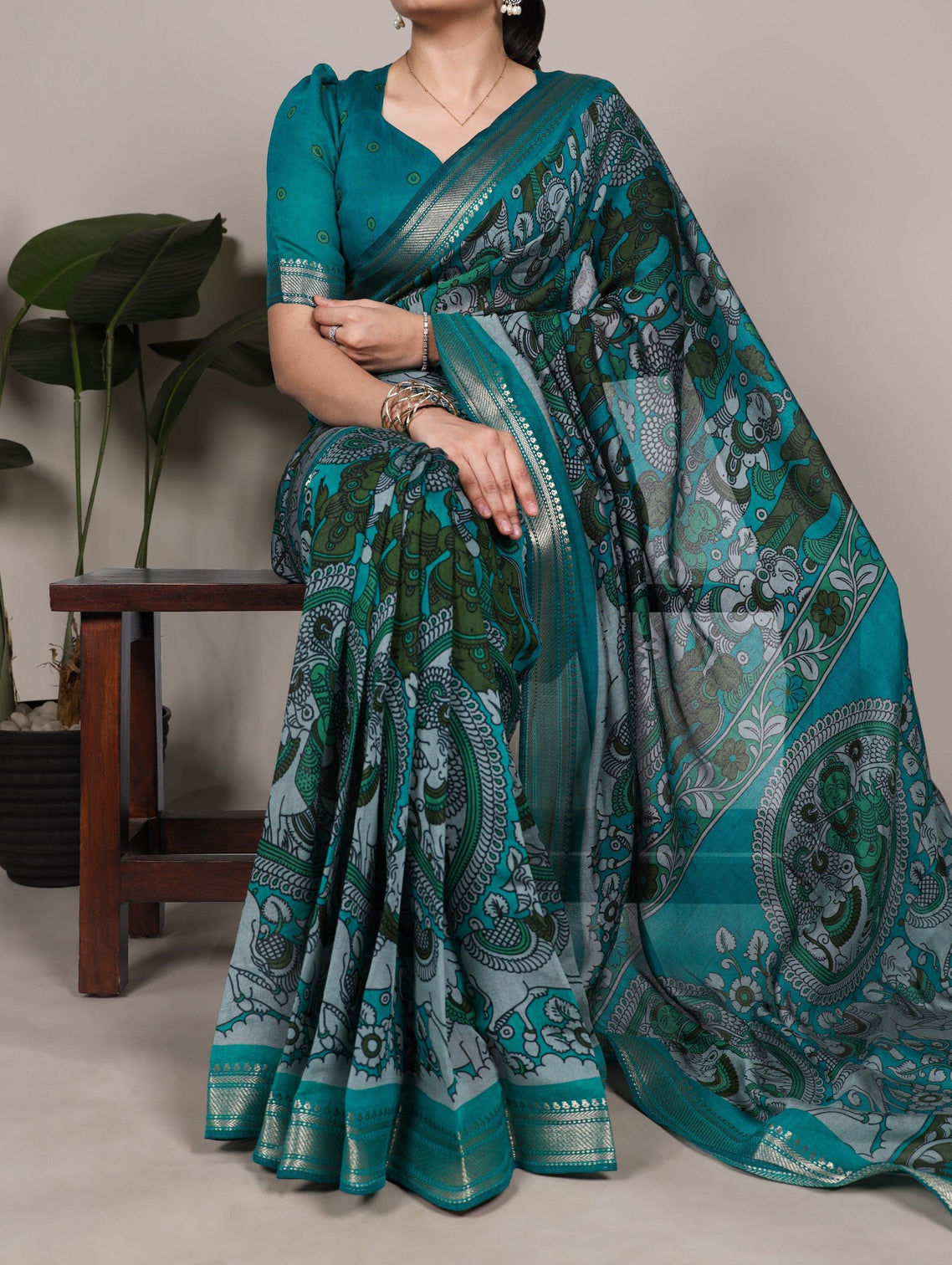 Sky Blue Polyester Kalamkari Print Saree