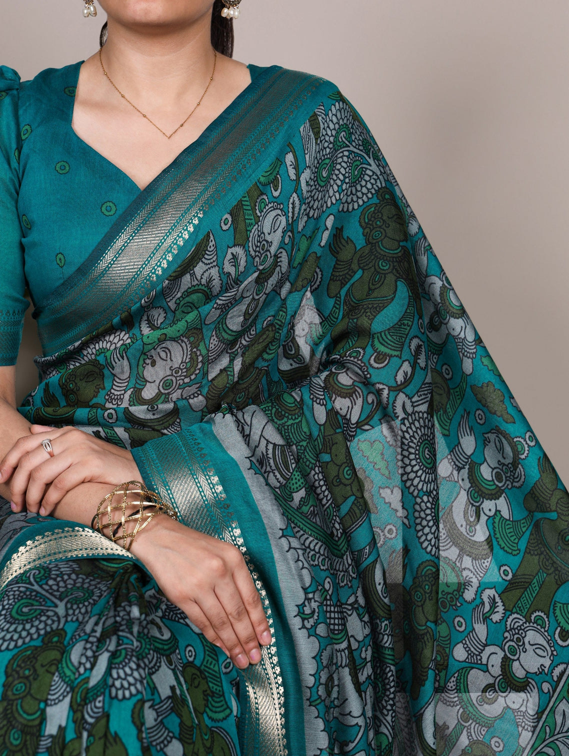 Sky Blue Polyester Kalamkari Print Saree