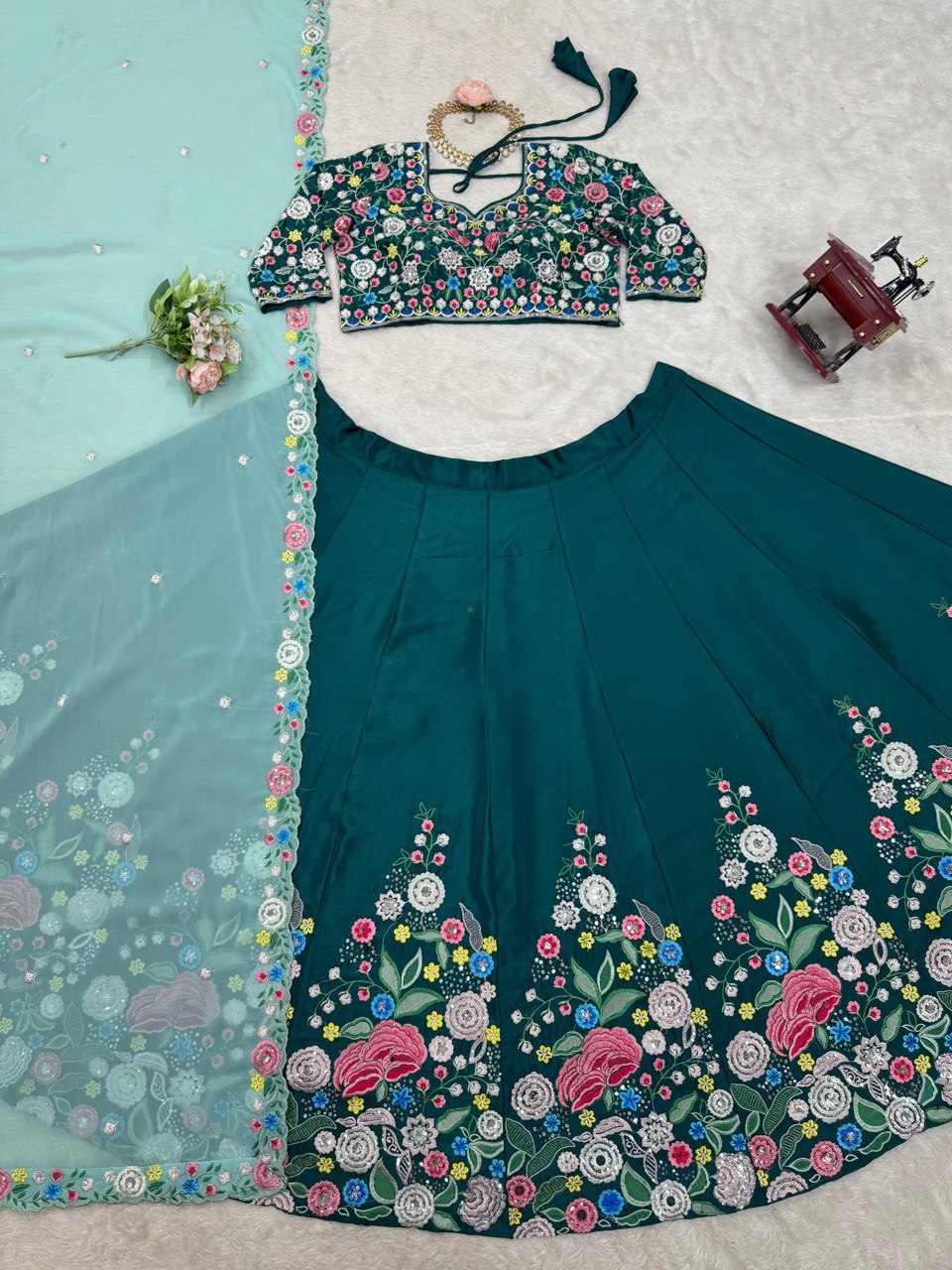 Sky Blue Premium Chinon Silk Lehenga Set with Sequin Work