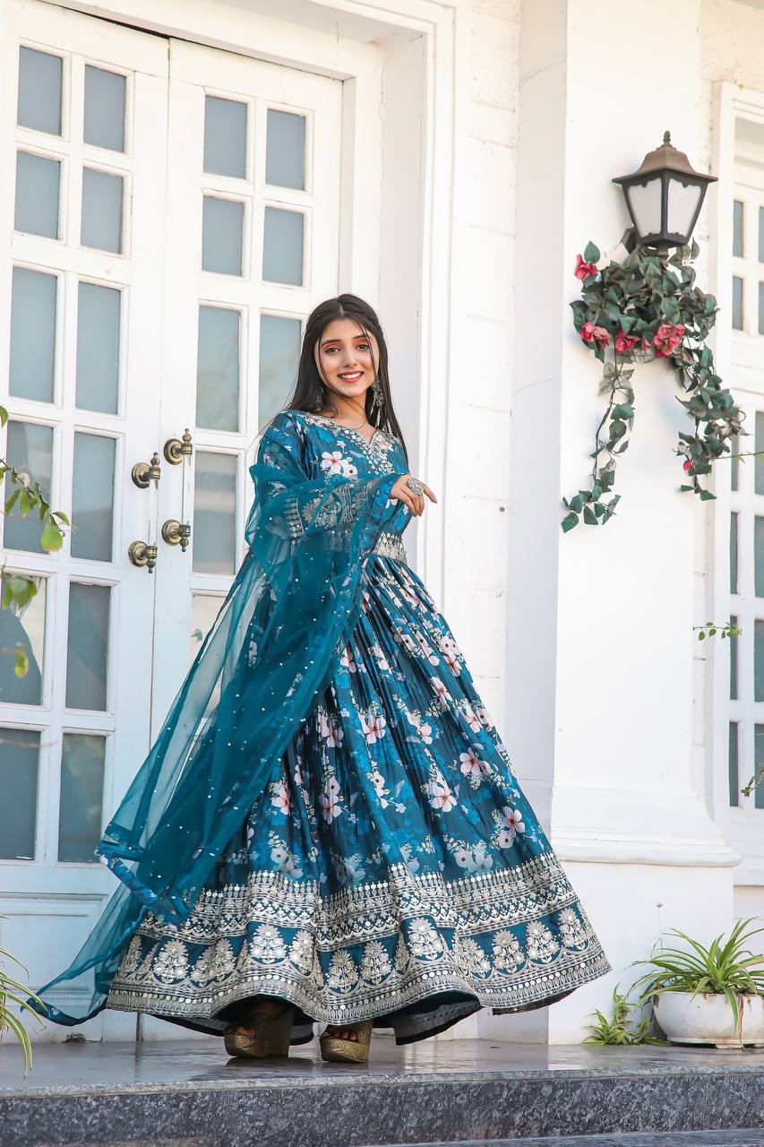 Teal Blue Premium Designer Chinon Silk Printed Gown with Sequence Work