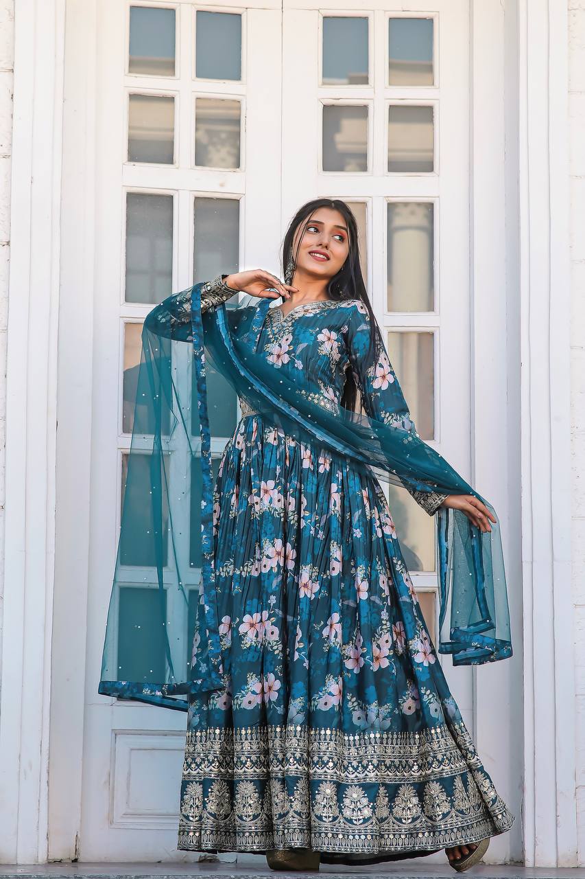 Teal Blue Premium Designer Chinon Silk Printed Gown with Sequence Work