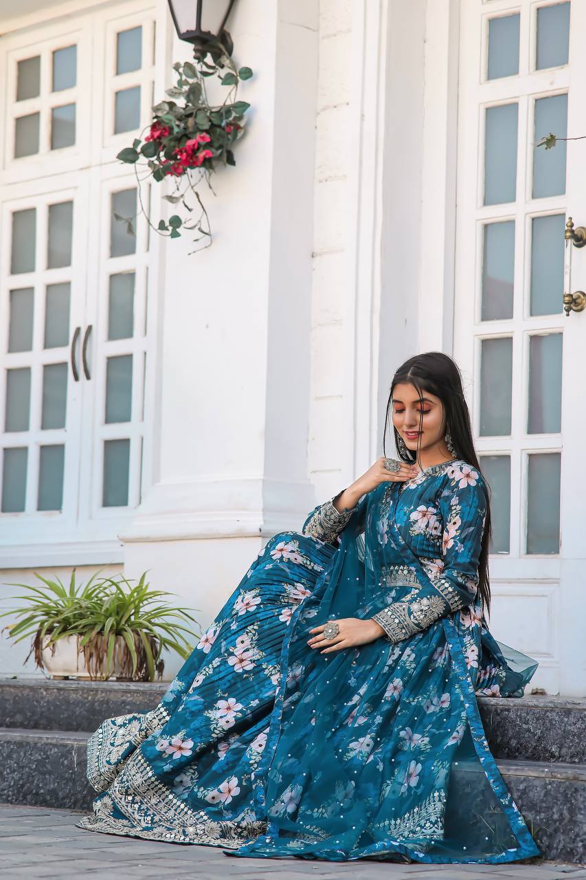 Teal Blue Premium Designer Chinon Silk Printed Gown with Sequence Work