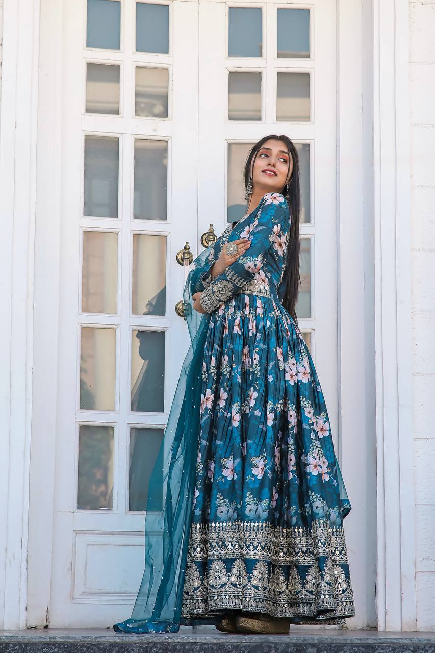 Teal Blue Premium Designer Chinon Silk Printed Gown with Sequence Work