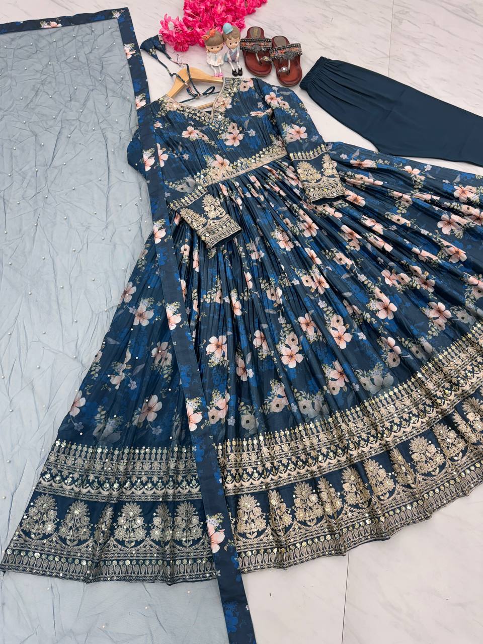 Teal Blue Premium Designer Chinon Silk Printed Gown with Sequence Work