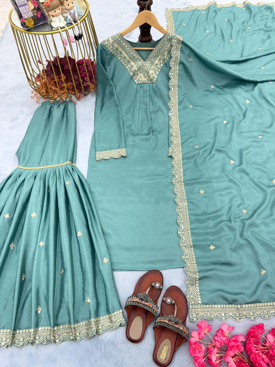 Sky Blue Premium Designer Party Wear Chinon Silk Top, Palazzo & Dupatta Set