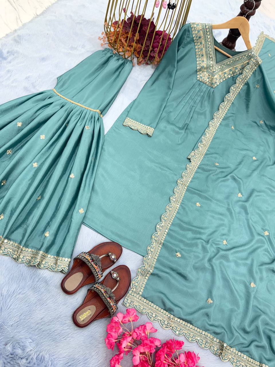 Sky Blue Premium Designer Party Wear Chinon Silk Top, Palazzo & Dupatta Set