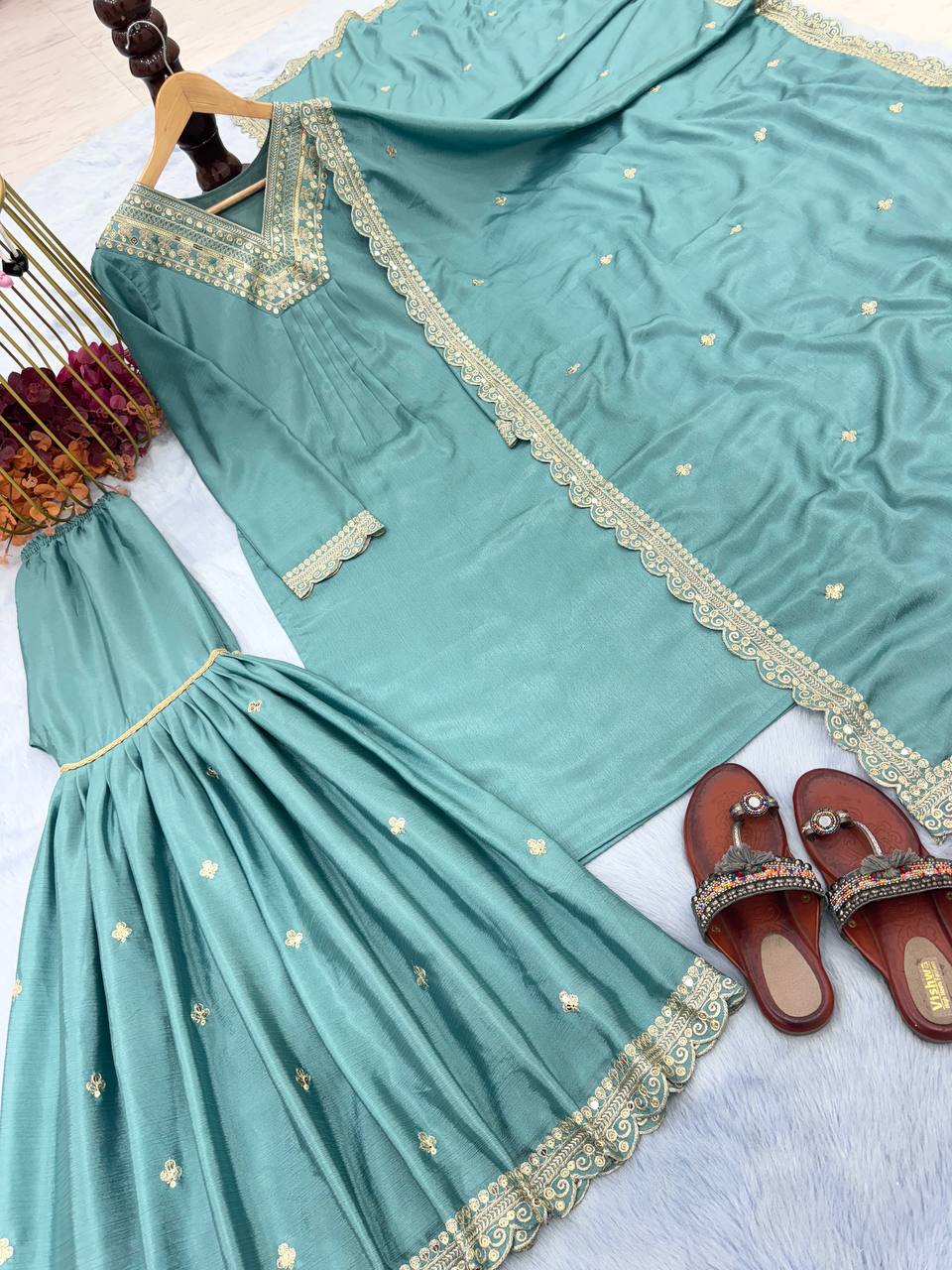 Sky Blue Premium Designer Party Wear Chinon Silk Top, Palazzo & Dupatta Set