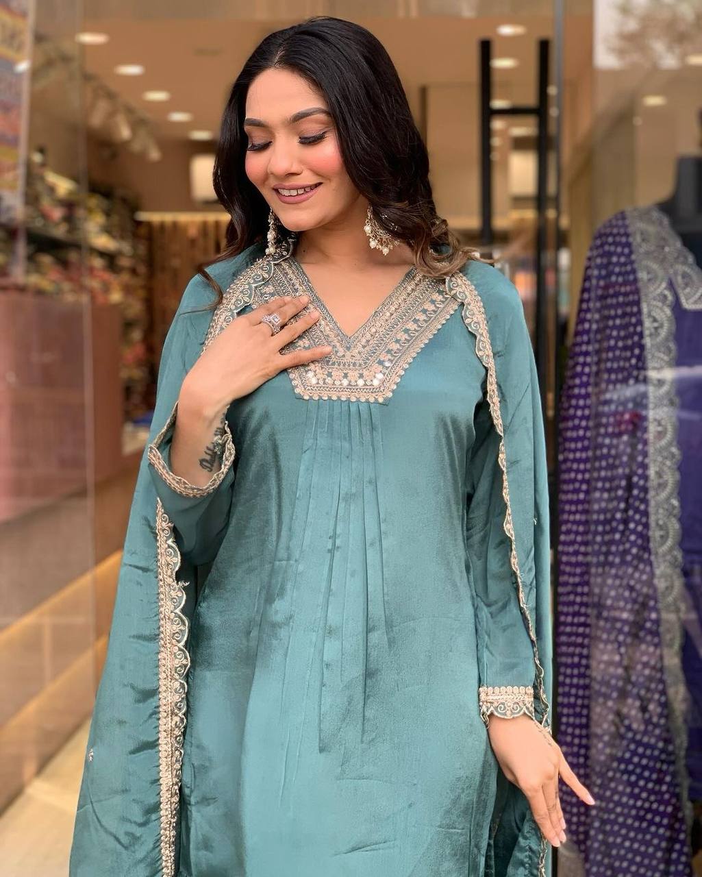 Sky Blue Premium Designer Party Wear Chinon Silk Top, Palazzo & Dupatta Set