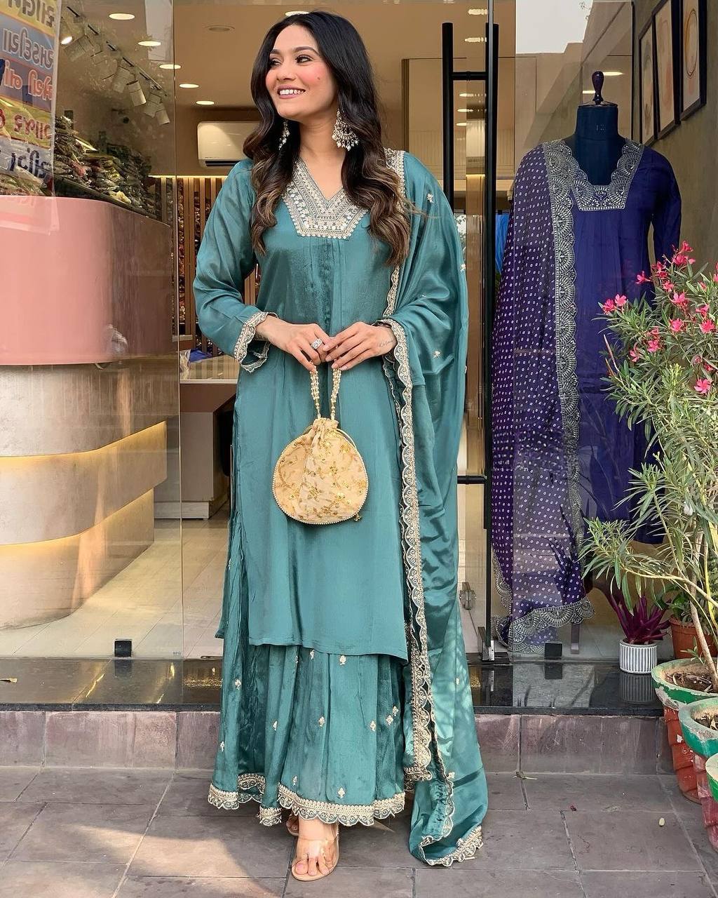 Sky Blue Premium Designer Party Wear Chinon Silk Top, Palazzo & Dupatta Set
