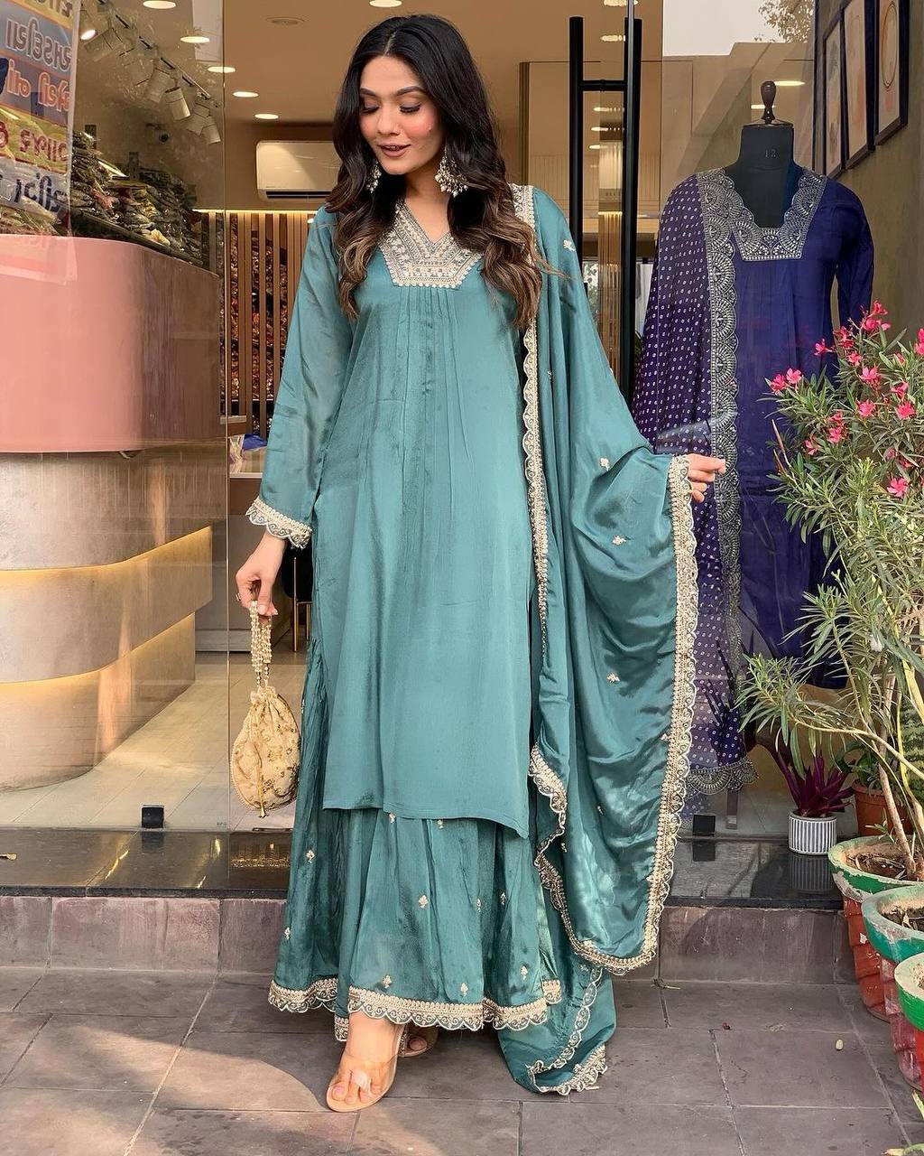 Sky Blue Premium Designer Party Wear Chinon Silk Top, Palazzo & Dupatta Set