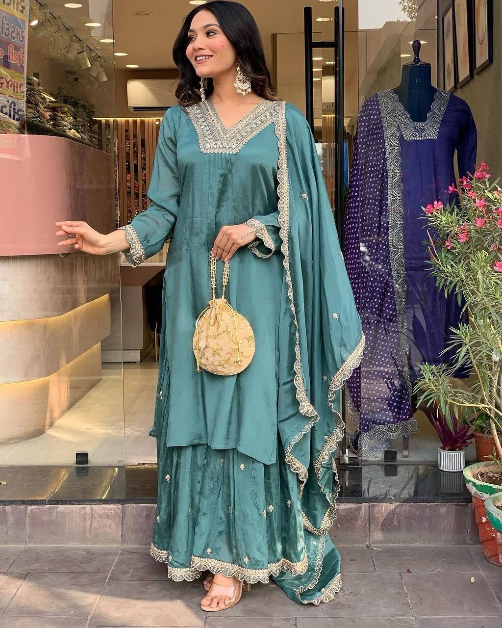 Sky Blue Premium Designer Party Wear Chinon Silk Top, Palazzo & Dupatta Set