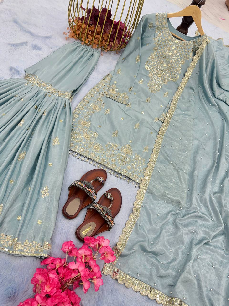 Sky Blue Premium Designer Party Wear Chinon Silk Top, Plazzo & Dupatta Set