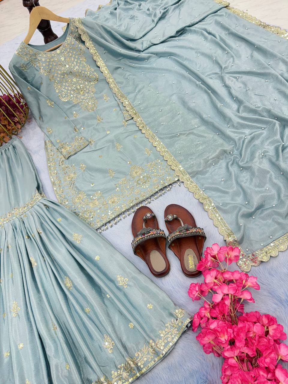 Sky Blue Premium Designer Party Wear Chinon Silk Top, Plazzo & Dupatta Set