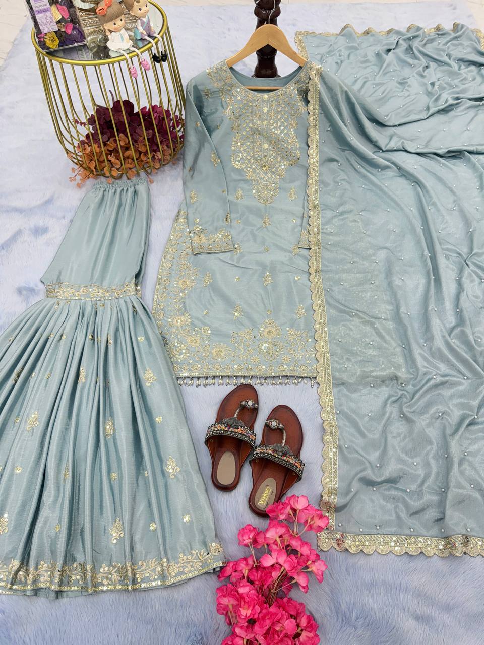 Sky Blue Premium Designer Party Wear Chinon Silk Top, Plazzo & Dupatta Set