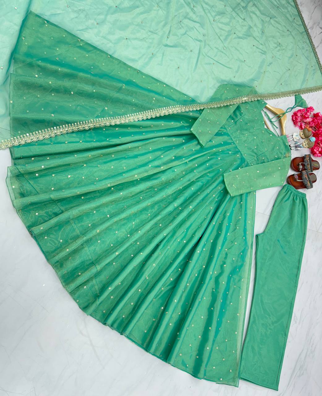 Sky Blue Premium Designer Party Wear Pur Twil Gold Net Anarkali Gown, Dupatta Set – Elegant Festive Look