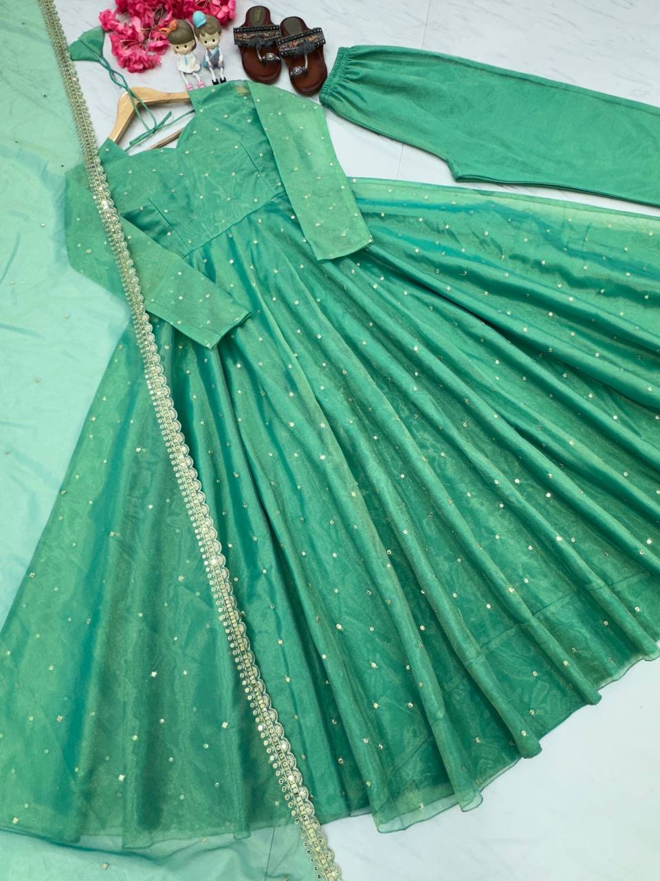 Sky Blue Premium Designer Party Wear Pur Twil Gold Net Anarkali Gown, Dupatta Set – Elegant Festive Look