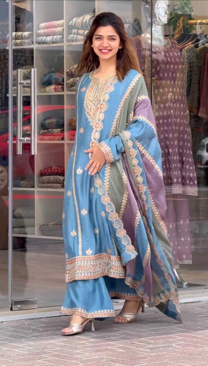 Sky Blue Premium Designer Partywear Readymade Top, Plazzo & Dupatta Set