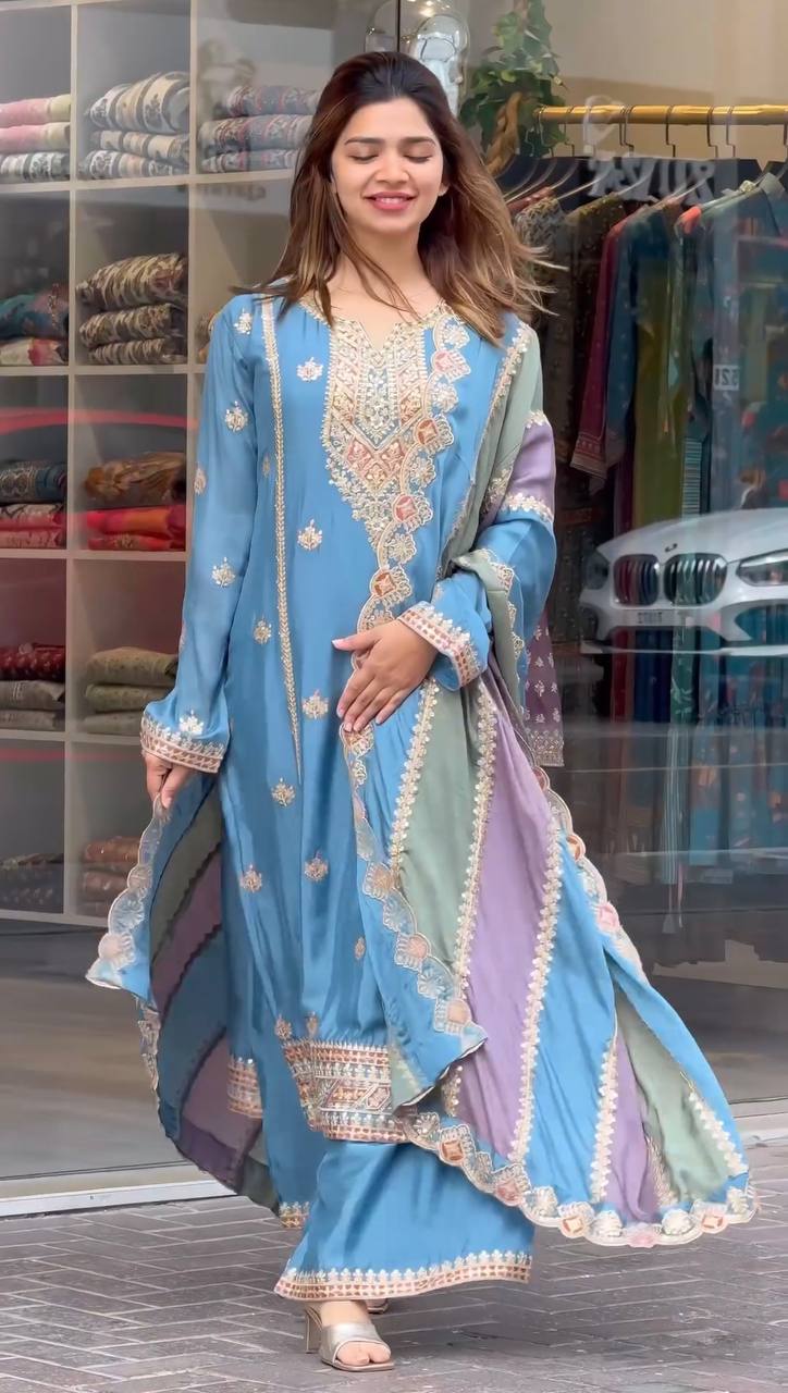 Sky Blue Premium Designer Partywear Readymade Top, Plazzo & Dupatta Set