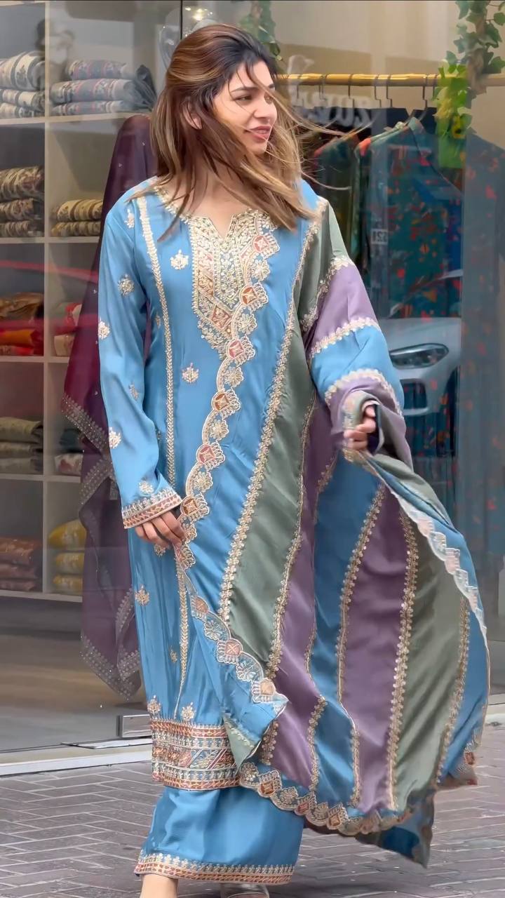 Sky Blue Premium Designer Partywear Readymade Top, Plazzo & Dupatta Set