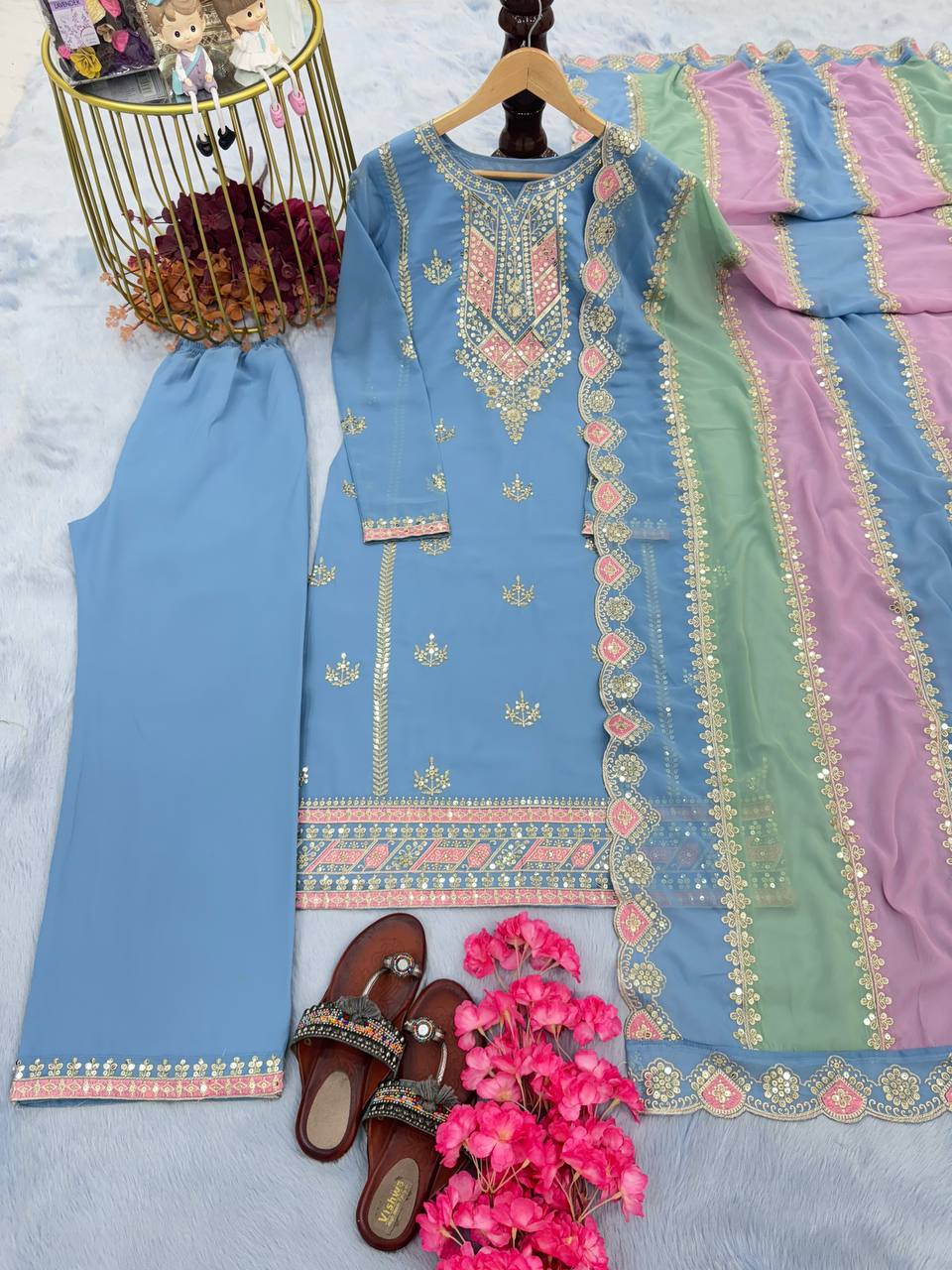 Sky Blue Premium Designer Partywear Readymade Top, Plazzo & Dupatta Set