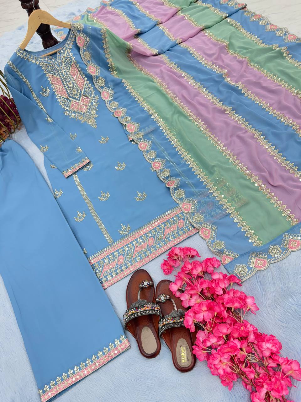 Sky Blue Premium Designer Partywear Readymade Top, Plazzo & Dupatta Set