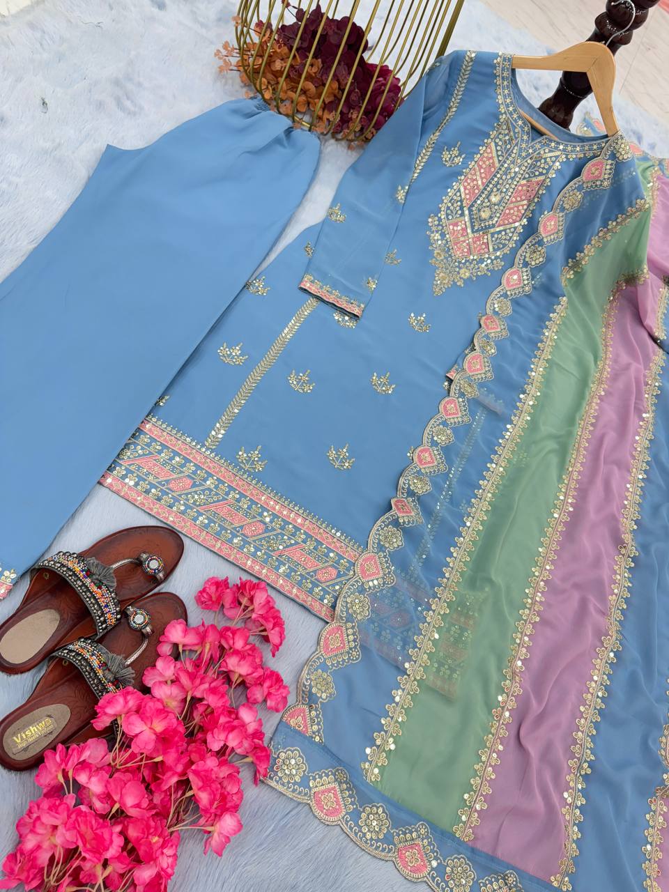 Sky Blue Premium Designer Partywear Readymade Top, Plazzo & Dupatta Set