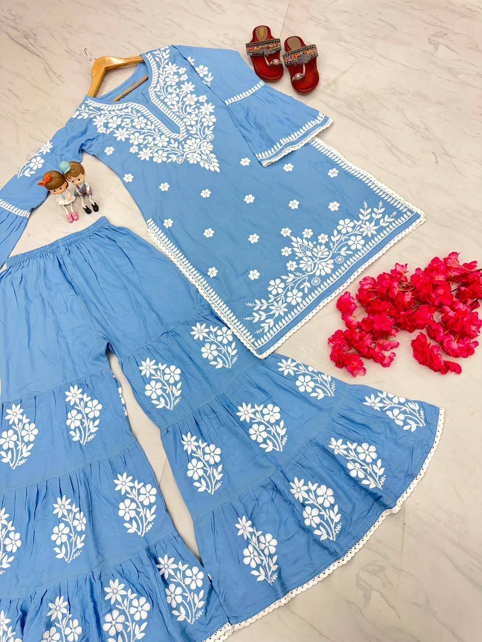 Sky Blue Premium Designer Rayon Top & Plazzo Set with Intricate Chickenkari Embroidery