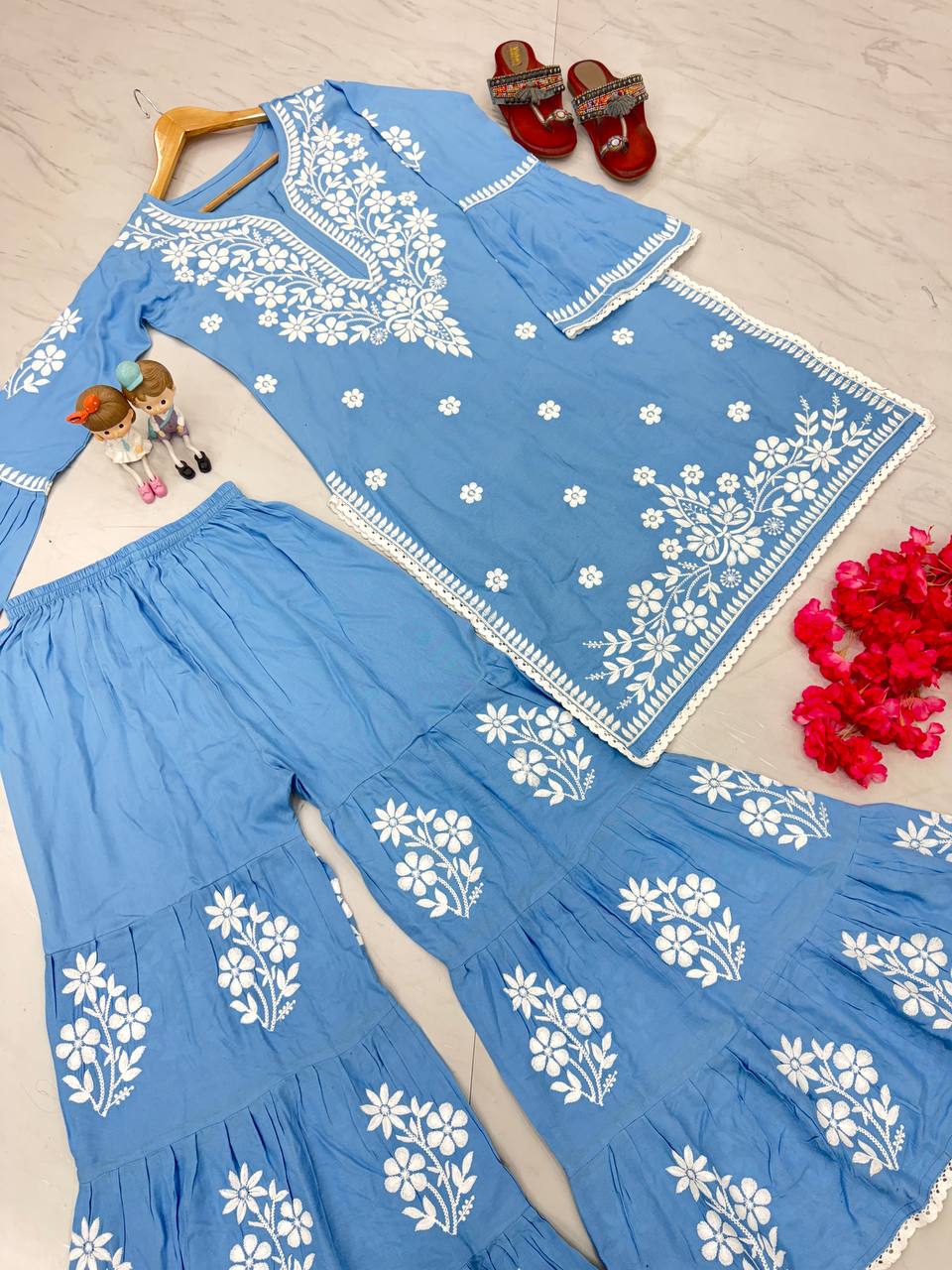Sky Blue Premium Designer Rayon Top & Plazzo Set with Intricate Chickenkari Embroidery