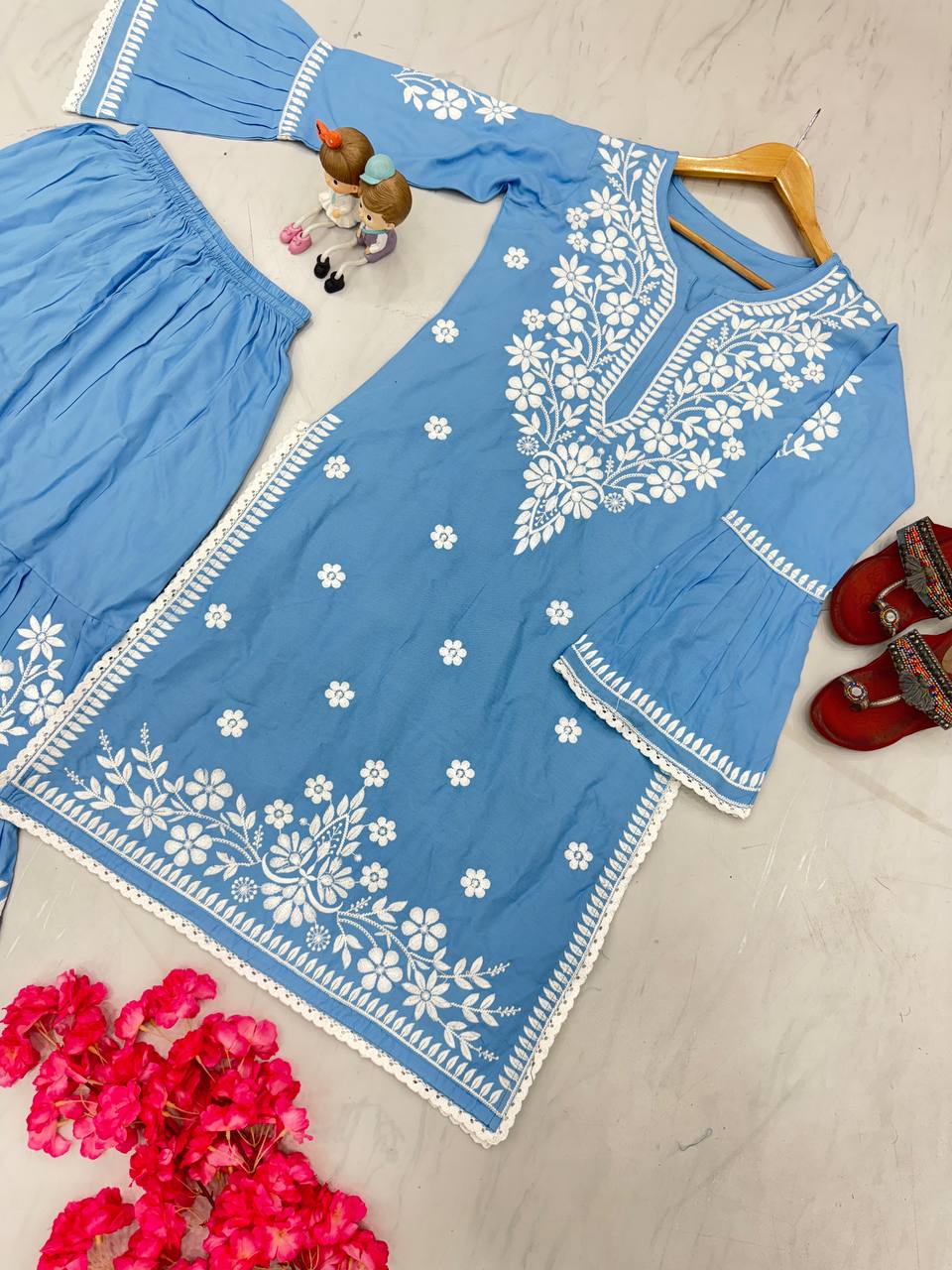 Sky Blue Premium Designer Rayon Top & Plazzo Set with Intricate Chickenkari Embroidery
