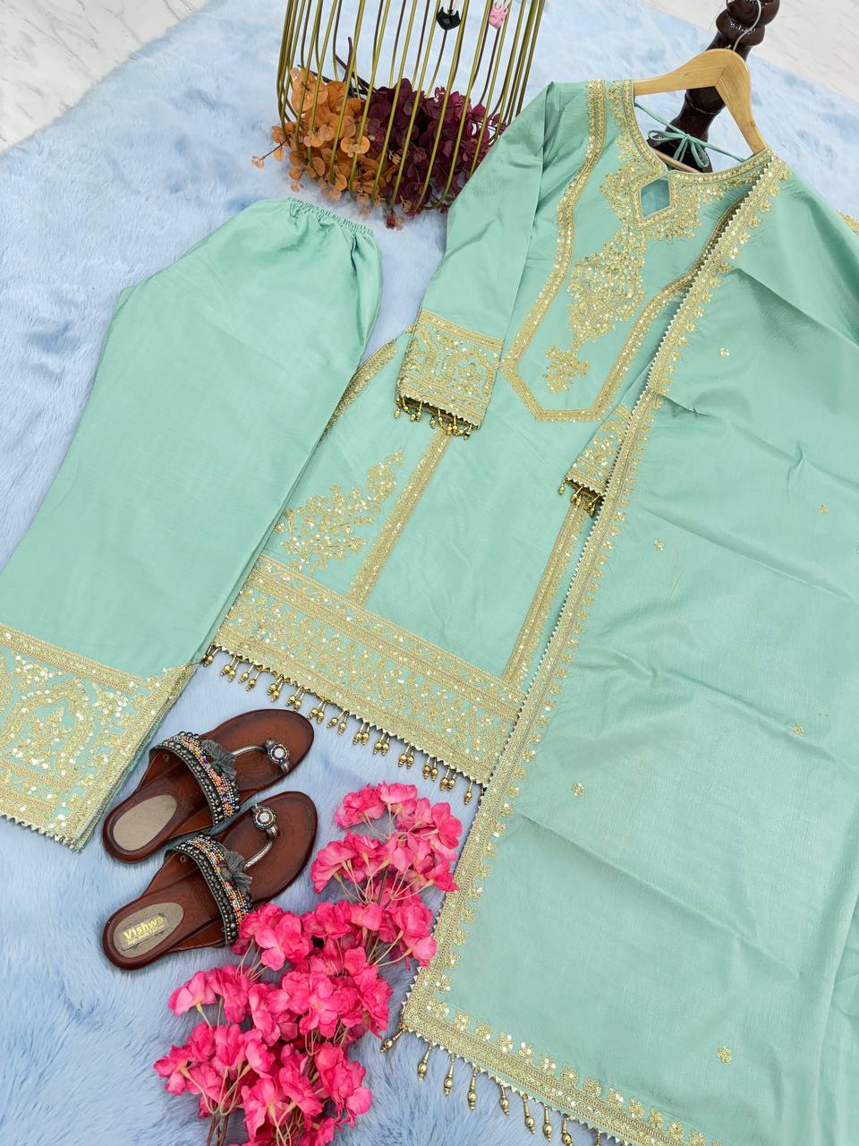 Sky Blue Premium Designer Ready-to-Wear Top, Plazzo & Dupatta Set