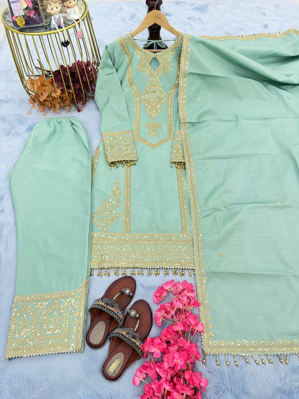 Sky Blue Premium Designer Ready-to-Wear Top, Plazzo & Dupatta Set